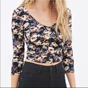 Forever 21 Velvet Floral‎ Long Sleeve V-Neck Top Size L